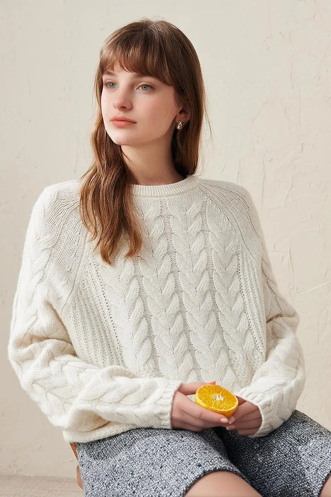 Fibflx Women's 100 Wool Chunky Knit Cable Crew Neck Sweater