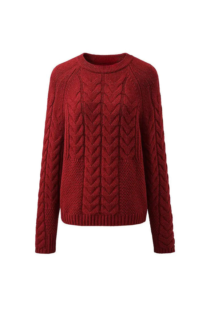 Fibflx Women's 100 Wool Chunky Knit Cable Crew Neck Sweater