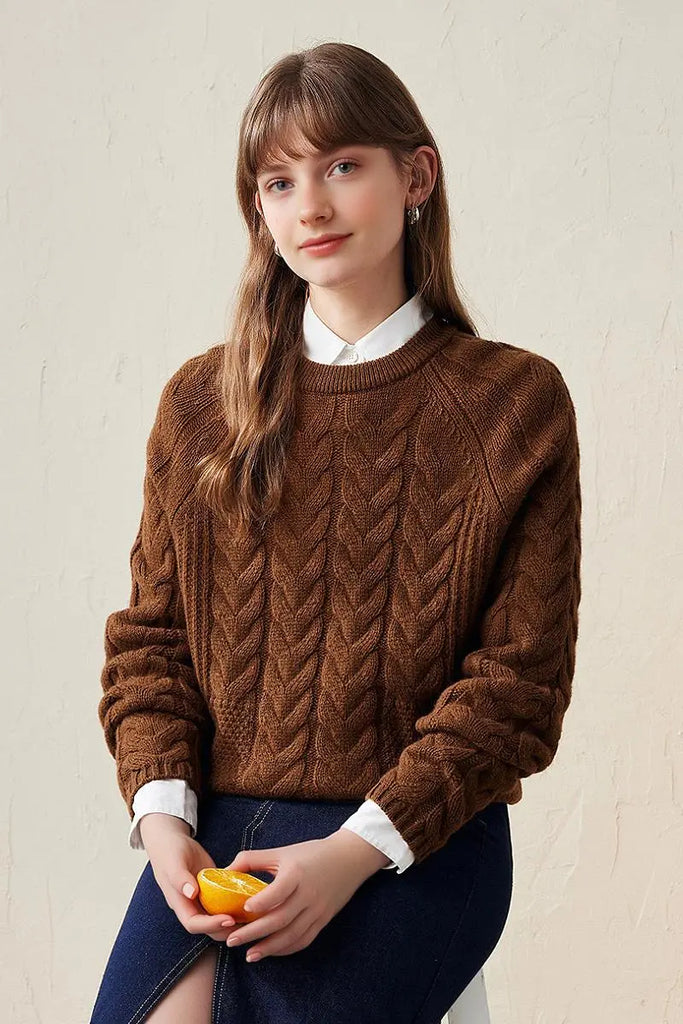 Fibflx Women's 100 Wool Chunky Knit Cable Crew Neck Sweater