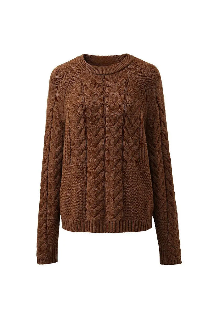 Fibflx Women's 100 Wool Chunky Knit Cable Crew Neck Sweater