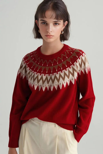 Fibflx Women's 100 Wool Fair Isle Crewneck Sweater