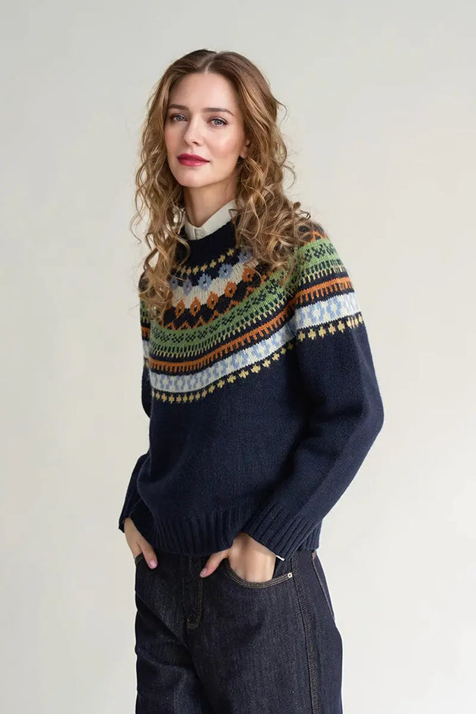 Fibflx Women's 100 Wool Fair Isle Crewneck Sweater in Navy Blue