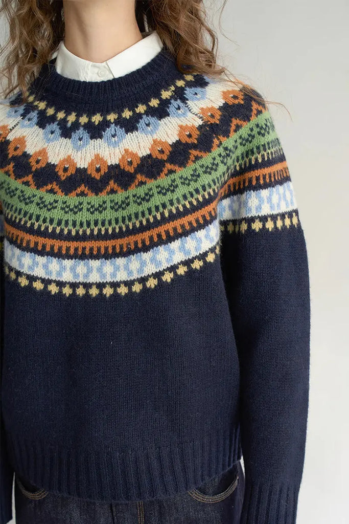 Fibflx Women's 100 Wool Fair Isle Crewneck Sweater in Navy Blue
