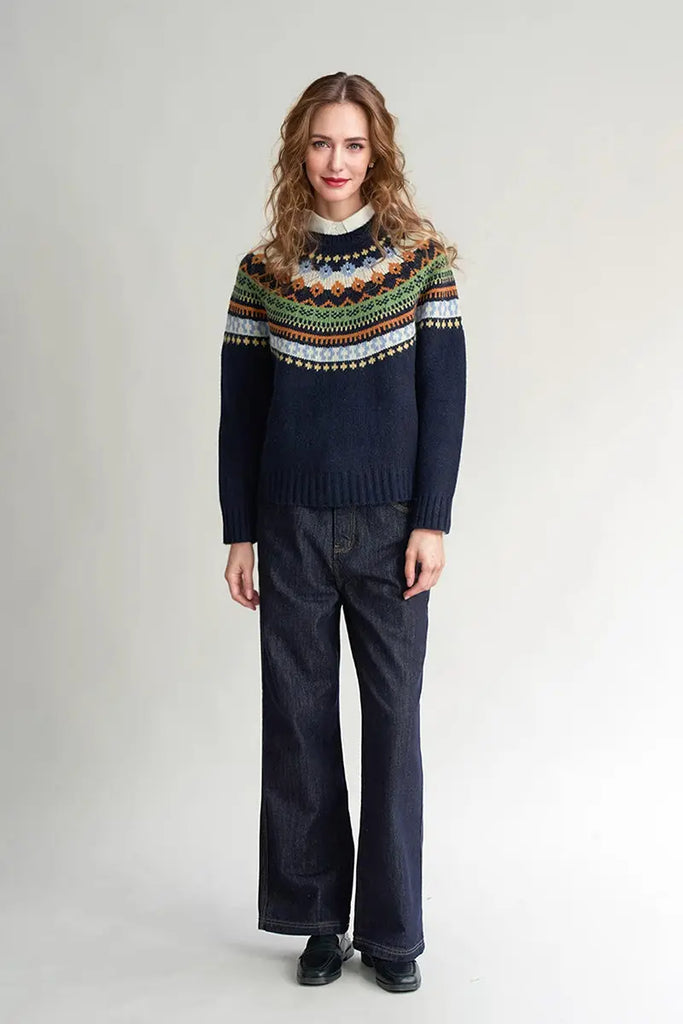 Fibflx Women's 100 Wool Fair Isle Crewneck Sweater in Navy Blue