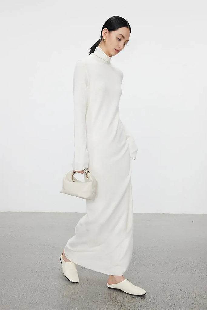 Fibflx Women's 100 Wool Long Sleeve Crewneck Maxi Sweater Dress