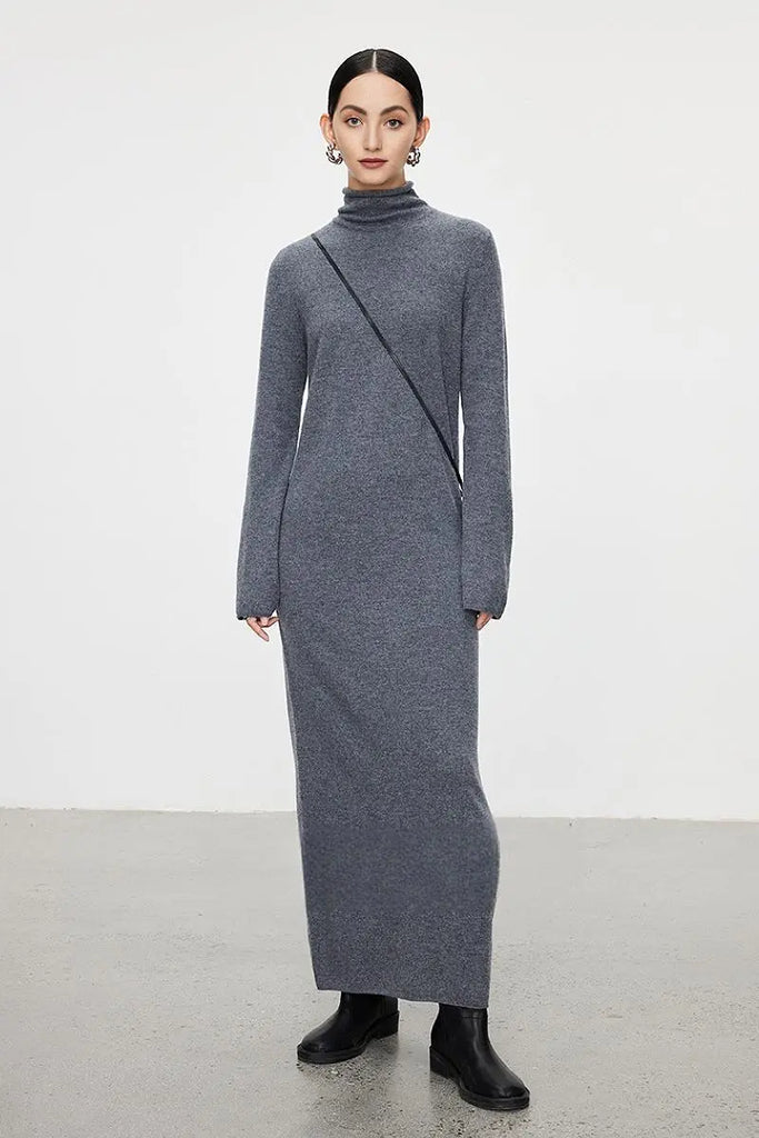 Fibflx Women's 100 Wool Long Sleeve Crewneck Maxi Sweater Dress