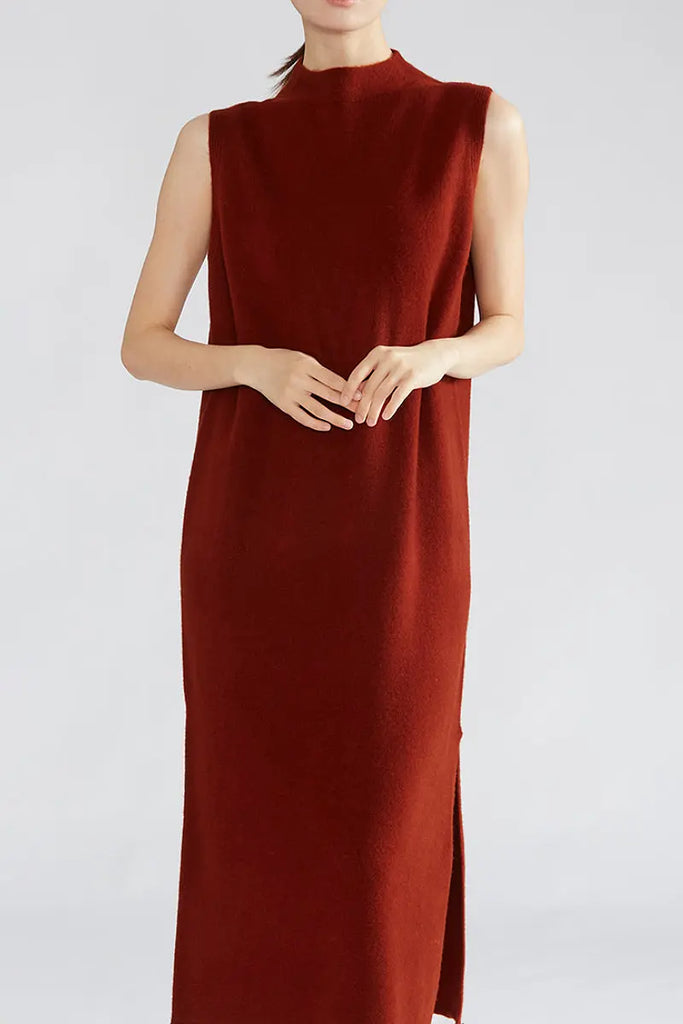 Fibflx Women's 100 Wool Seamless Knit Sleeveless Midi Sweater Dress with Side Slit