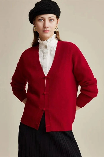 Fibflx Women's 100 Wool V Neck Cardigan with Knot Button