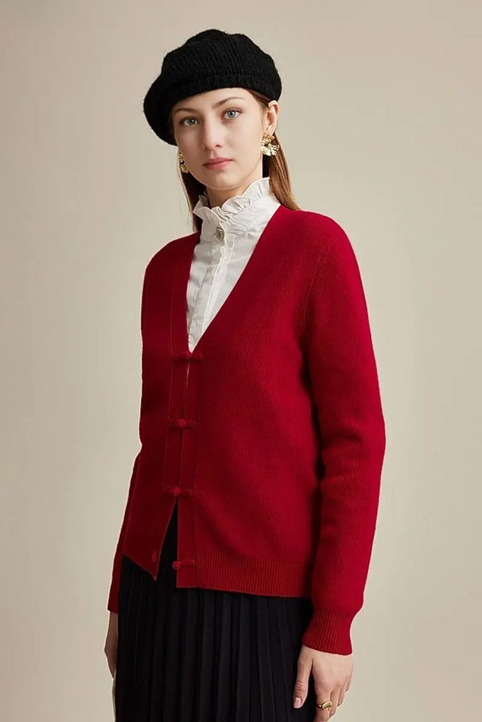 Fibflx Women's 100 Wool V Neck Cardigan with Knot Button