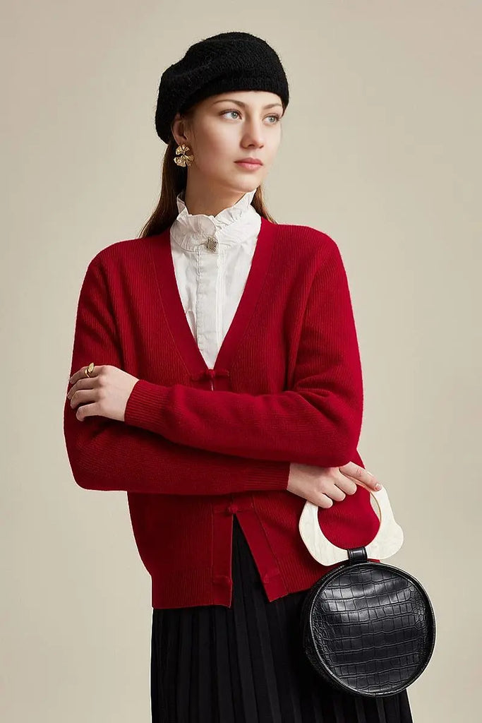 Fibflx Women's 100 Wool V Neck Cardigan with Knot Button