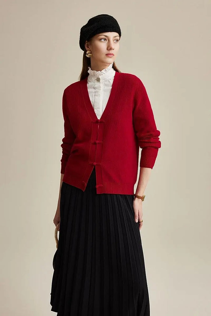 Fibflx Women's 100 Wool V Neck Cardigan with Knot Button