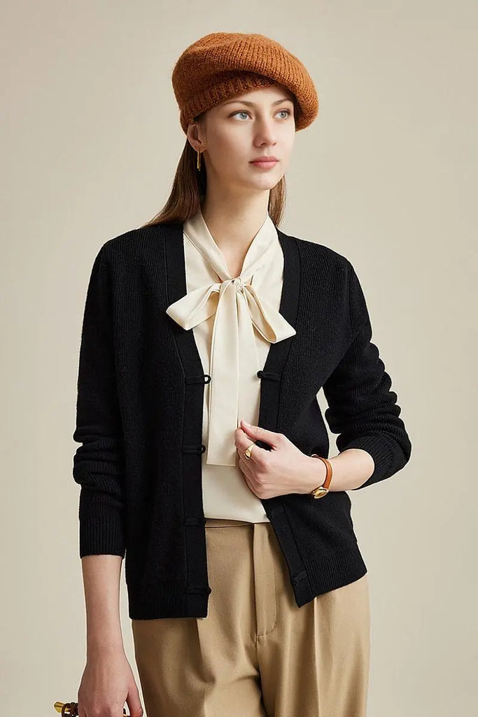 Fibflx Women's 100 Wool V Neck Cardigan with Knot Button