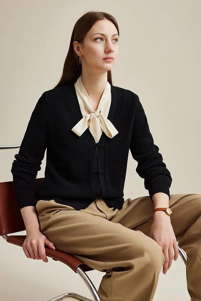 Fibflx Women's 100 Wool V Neck Cardigan with Knot Button