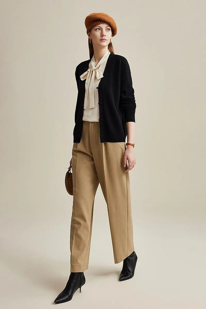 Fibflx Women's 100 Wool V Neck Cardigan with Knot Button