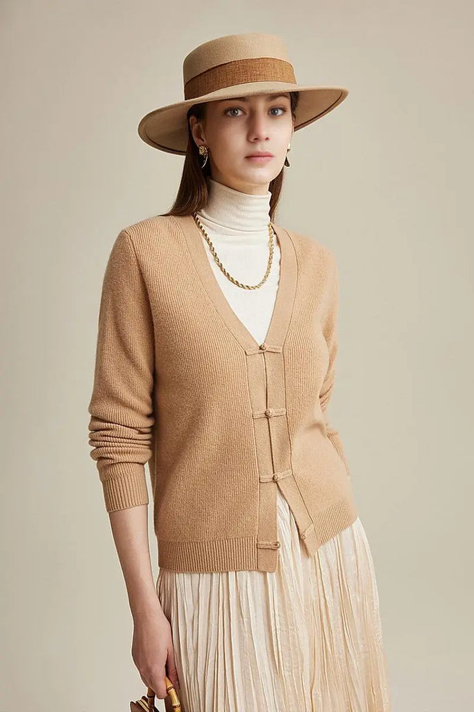 Fibflx Women's 100 Wool V Neck Cardigan with Knot Button