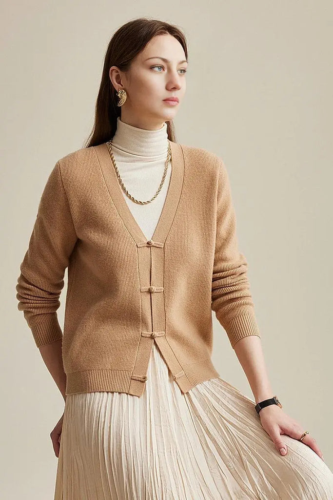 Fibflx Women's 100 Wool V Neck Cardigan with Knot Button