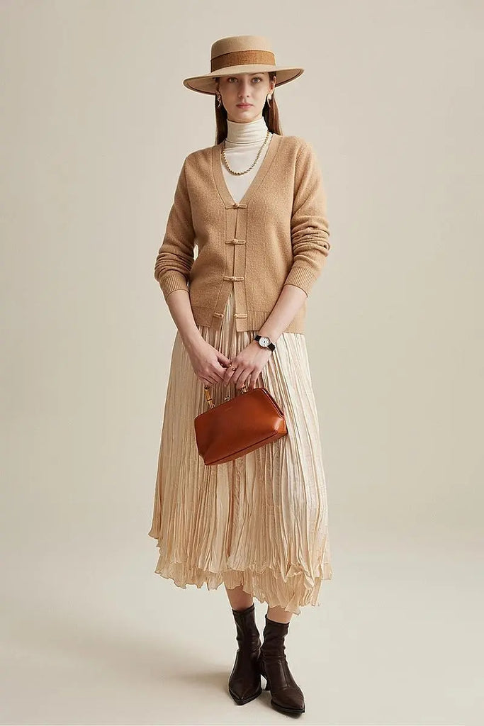 Fibflx Women's 100 Wool V Neck Cardigan with Knot Button