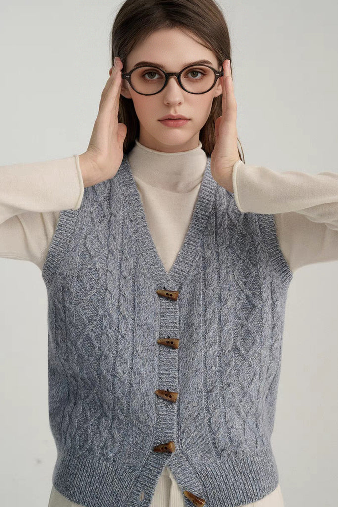 100 Australian Wool Cable Knit V-Neck Button-Up Sweater Vest  Fibflx