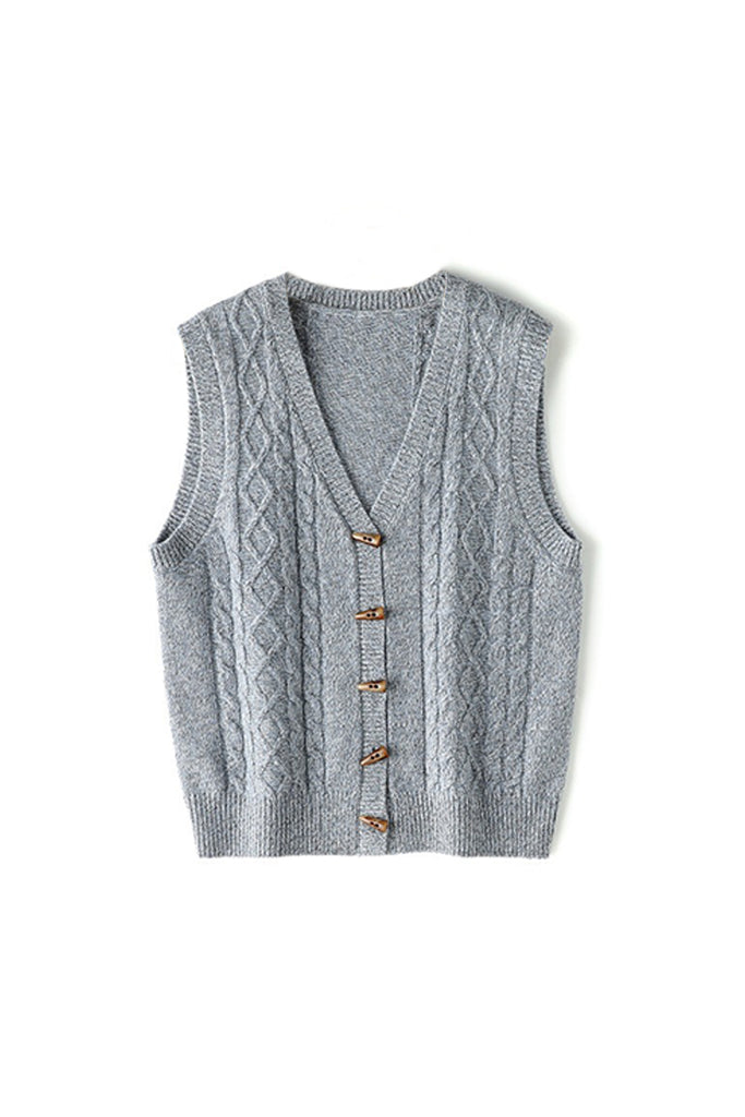 100 Australian Wool Cable Knit V-Neck Button-Up Sweater Vest  Fibflx