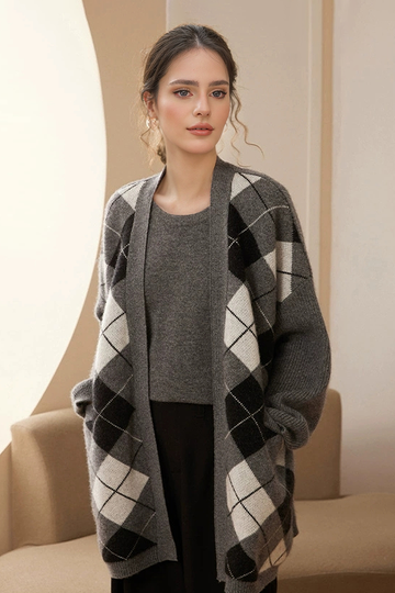 Fibflx Women's 100 Cashmere Chunky Argyle Open-Front Coatigan