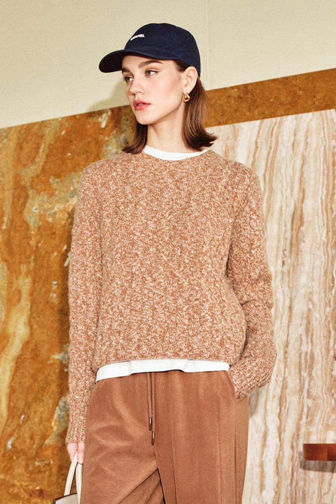 100% Cashmere Marled Slub Cable Crewneck Sweater Camel / M Fibflx