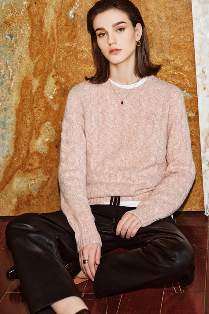 100% Cashmere Marled Slub Cable Crewneck Sweater Innocence Pink / M Fibflx