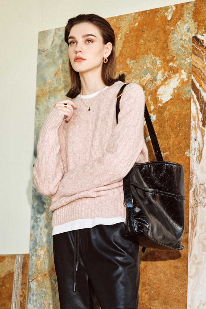 100% Cashmere Marled Slub Cable Crewneck Sweater  Fibflx