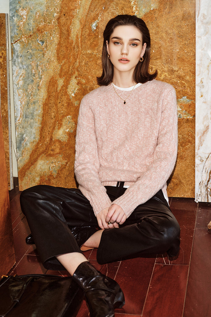 100% Cashmere Marled Slub Cable Crewneck Sweater  Fibflx