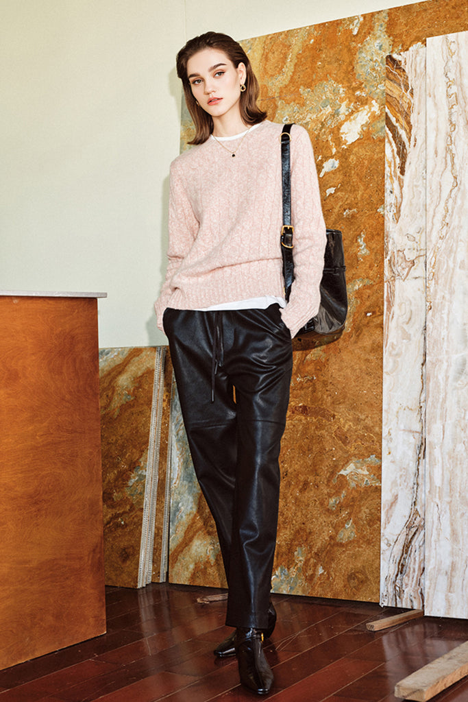 100% Cashmere Marled Slub Cable Crewneck Sweater  Fibflx