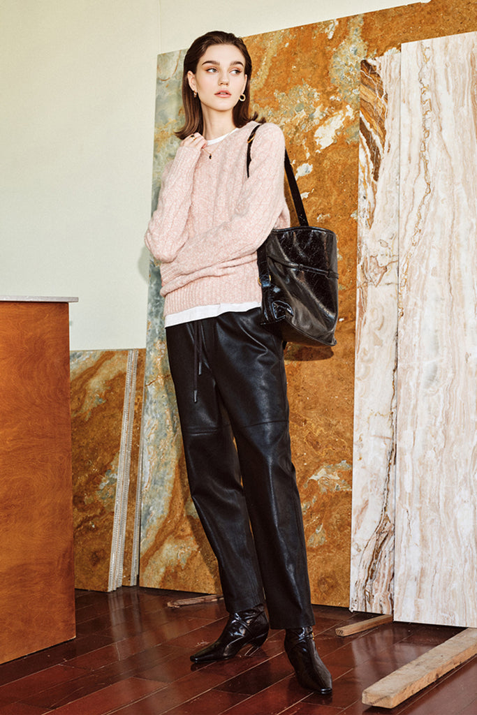 100% Cashmere Marled Slub Cable Crewneck Sweater  Fibflx