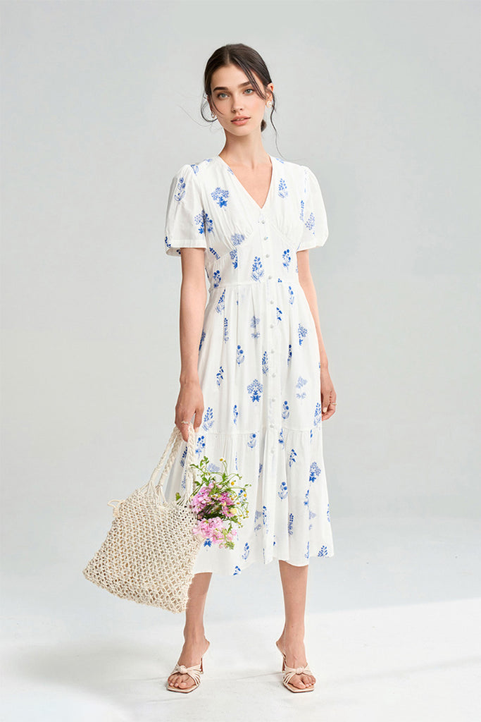 100 Cotton Floral Empire Waist A-Line Midi Sundress M / White / 100% Cotton Fibflx