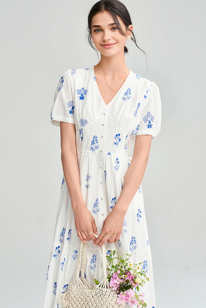 100 Cotton Floral Empire Waist A-Line Midi Sundress  Fibflx