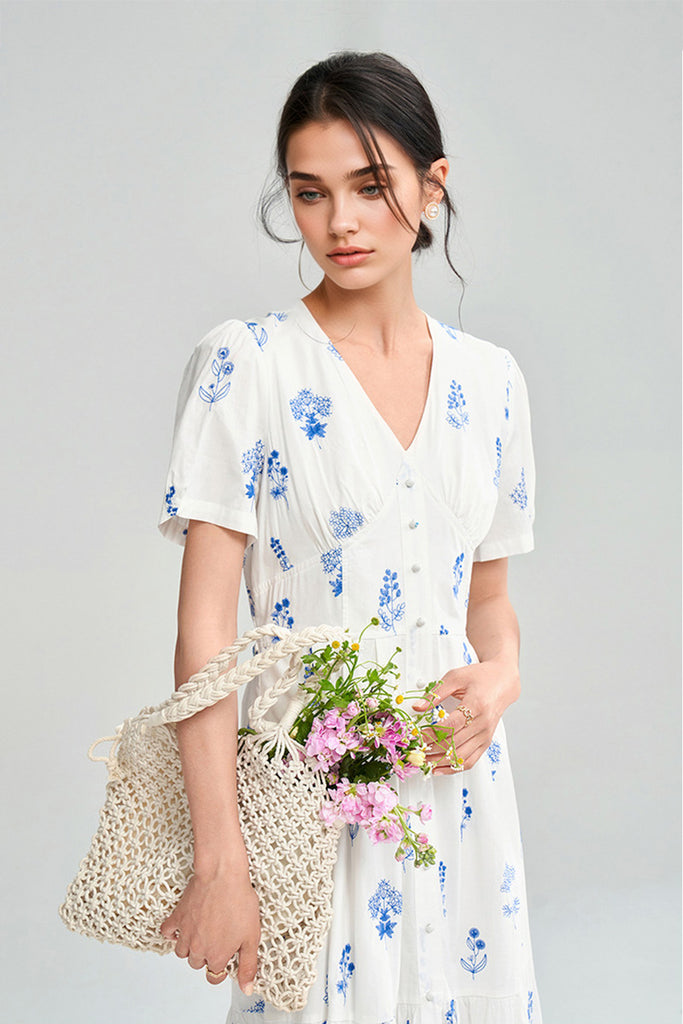 100 Cotton Floral Empire Waist A-Line Midi Sundress  Fibflx