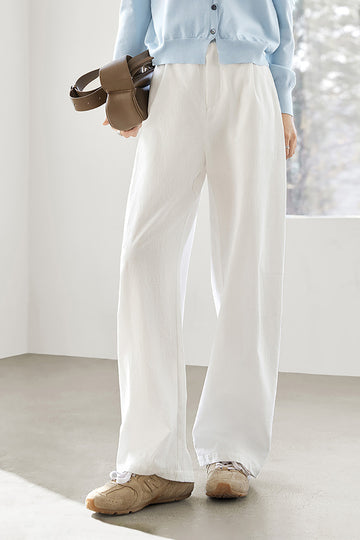 White Cotton High-Waisted Wide-Leg Pants - Fibflx