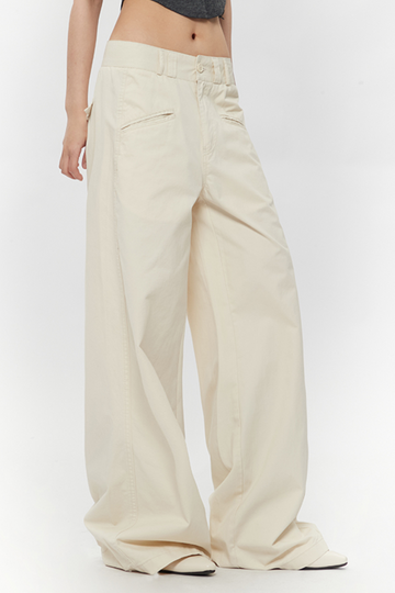 Fibflx Women's 100 Cotton Low-waist Wide-leg Pants with Pockets