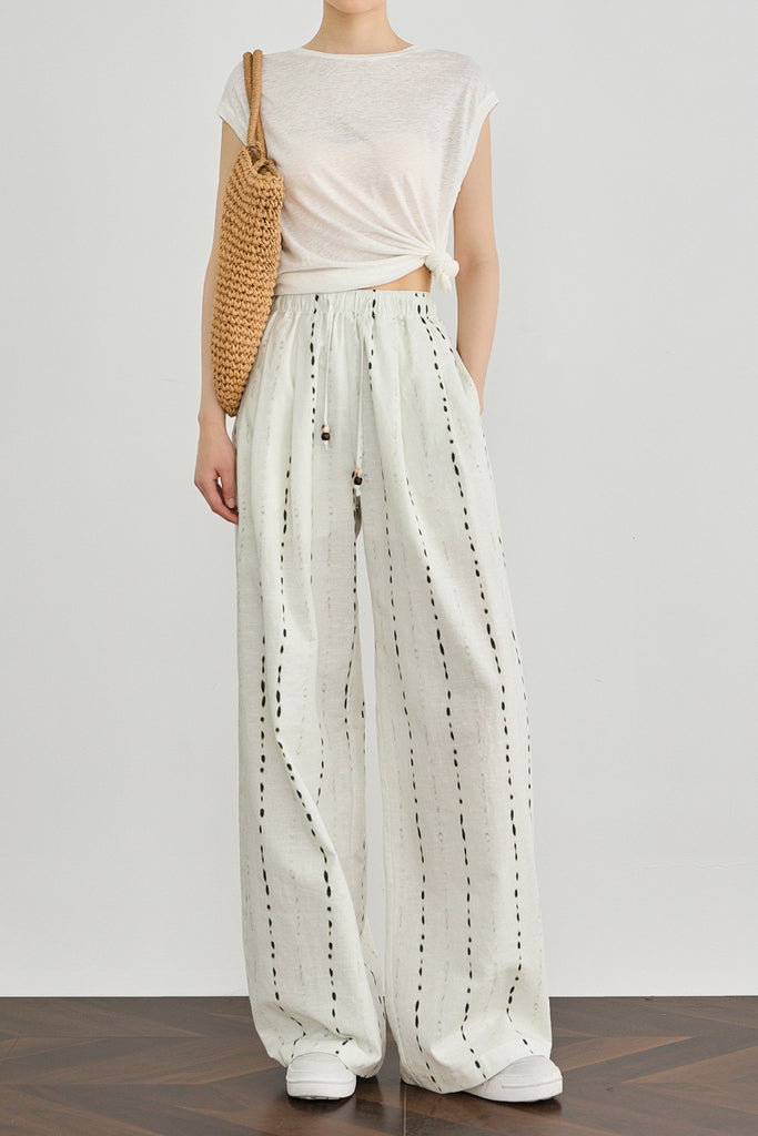 100 European Linen Striped Wide-Leg Drawstring Pants - Fibflx