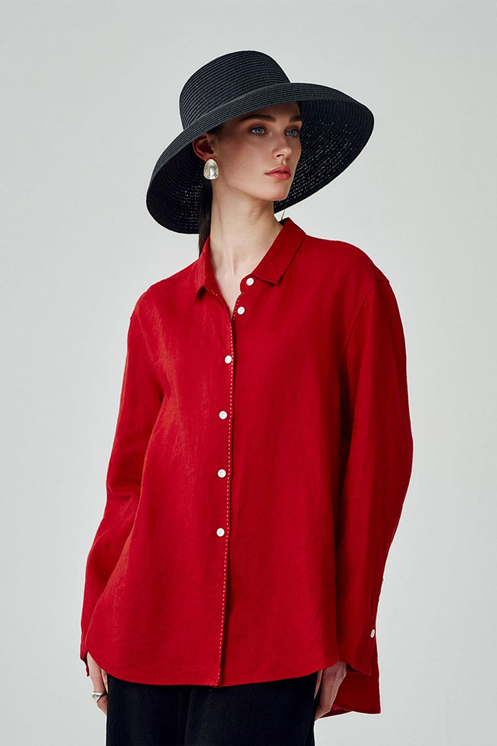 100 French Linen Casual Loose Button-Down Drop-Shoulder Shirt Bright Red / L Fibflx