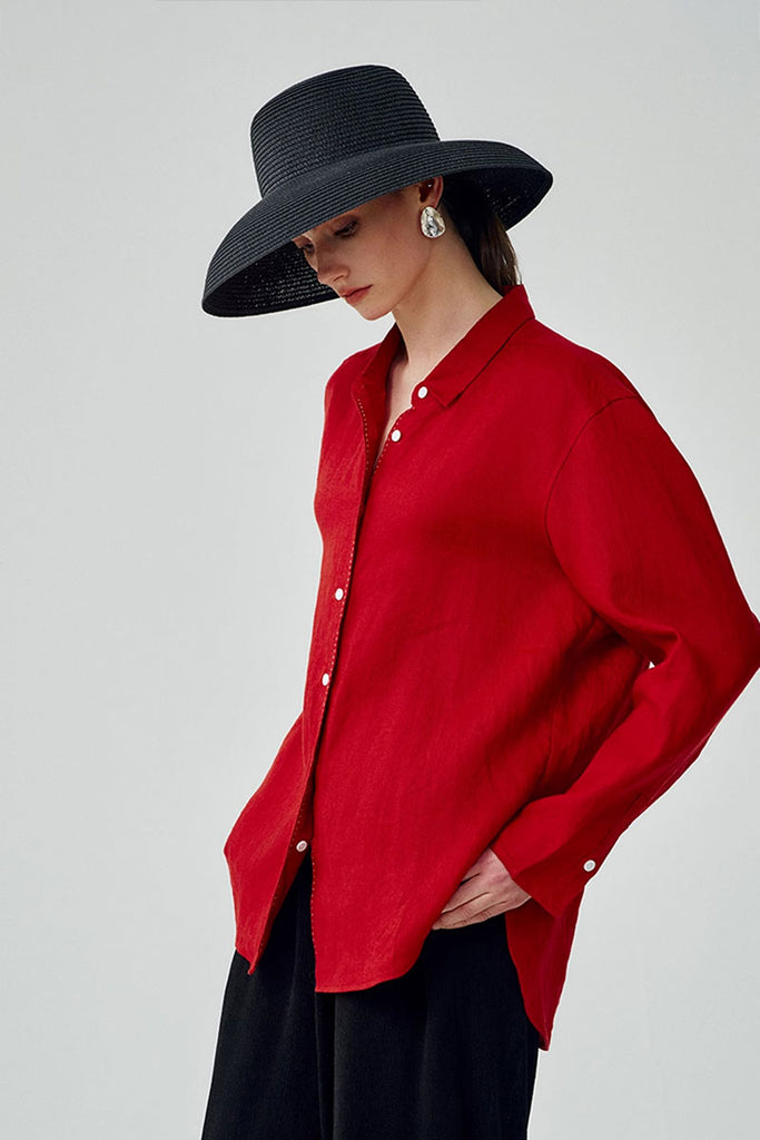 100 French Linen Casual Loose Button-Down Drop-Shoulder Shirt  Fibflx