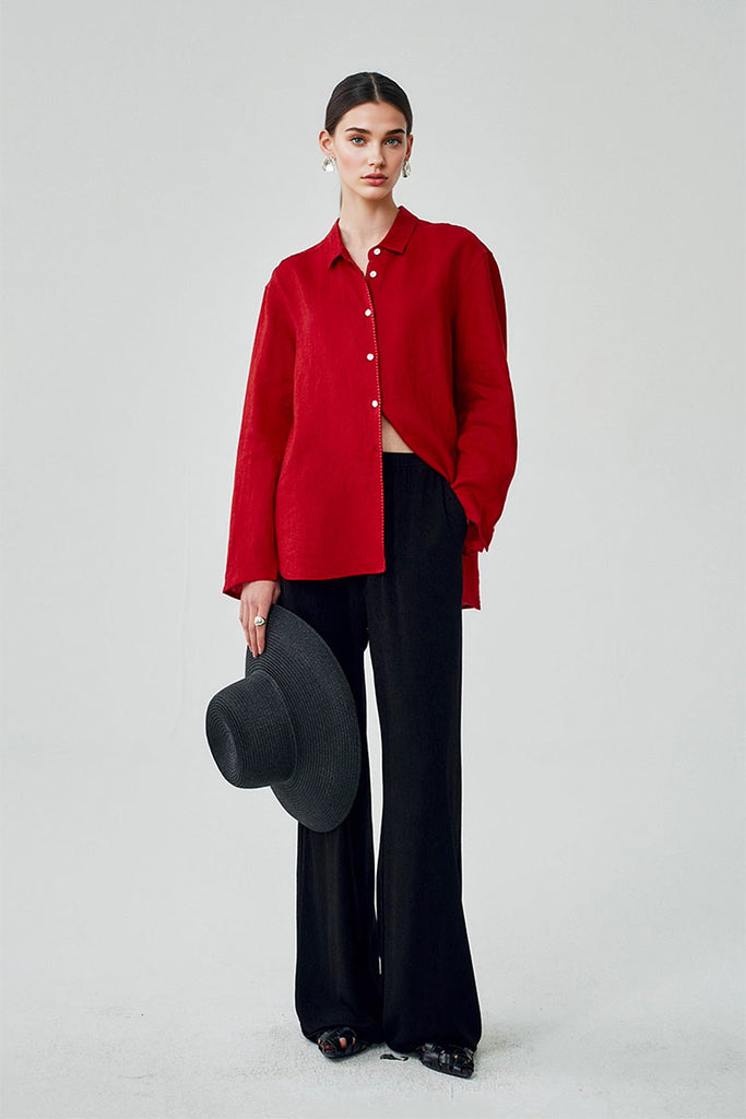 100 French Linen Casual Loose Button-Down Drop-Shoulder Shirt  Fibflx