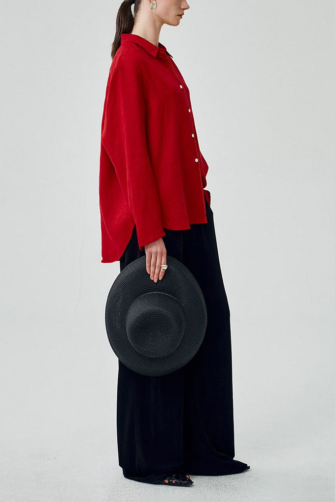 100 French Linen Casual Loose Button-Down Drop-Shoulder Shirt  Fibflx