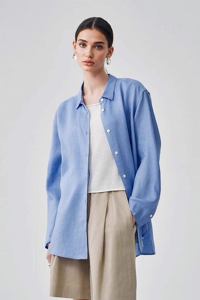 100 French Linen Casual Loose Button-Down Drop-Shoulder Shirt Celestial Blue / L Fibflx