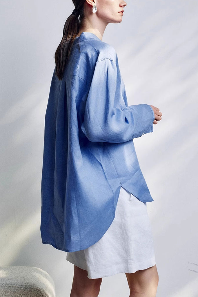 100 French Linen Casual Loose Button-Down Drop-Shoulder Shirt  Fibflx