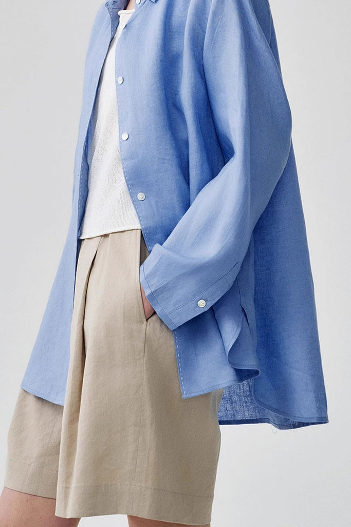 100 French Linen Casual Loose Button-Down Drop-Shoulder Shirt  Fibflx