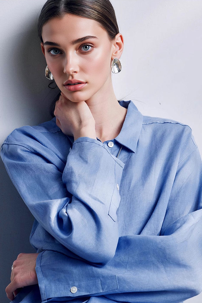 100 French Linen Casual Loose Button-Down Drop-Shoulder Shirt  Fibflx