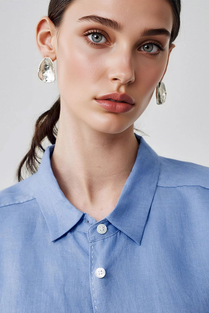 100 French Linen Casual Loose Button-Down Drop-Shoulder Shirt  Fibflx