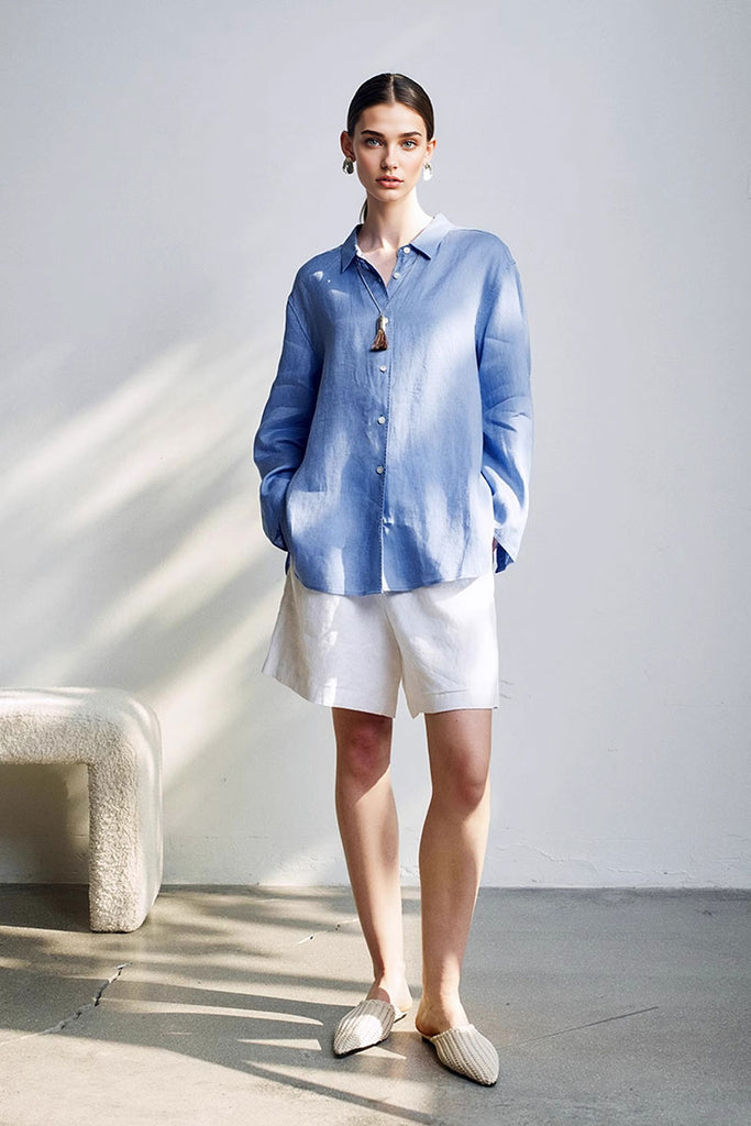 100 French Linen Casual Loose Button-Down Drop-Shoulder Shirt  Fibflx