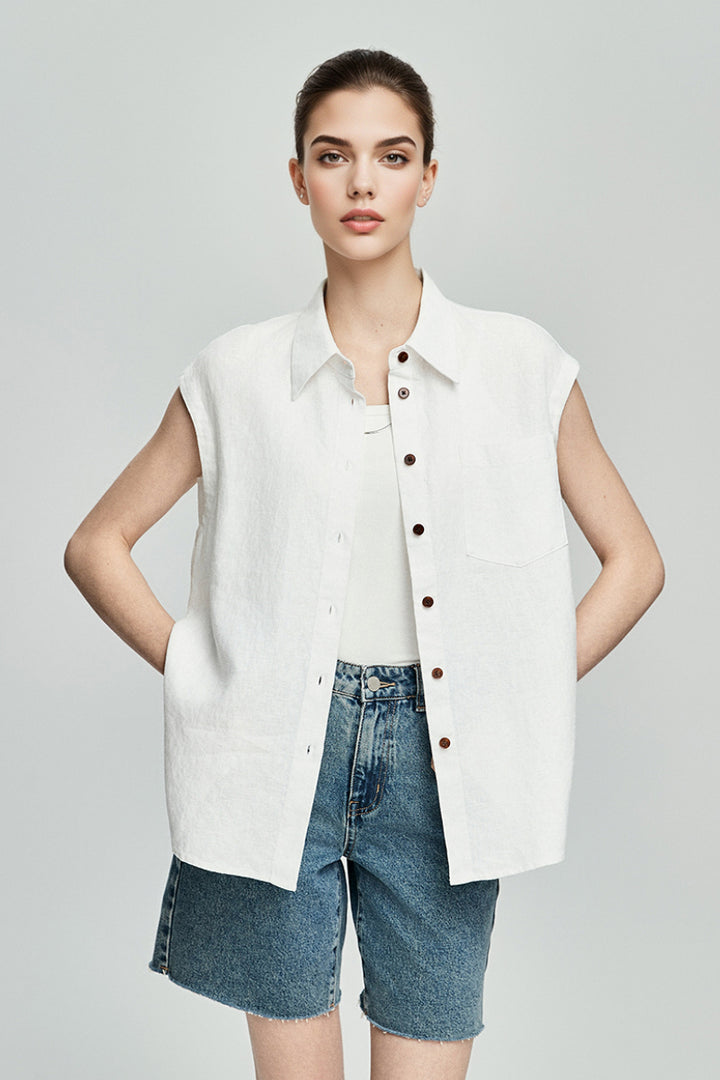 100 French Linen Casual Loose Button-up Cap-Sleeve Shirt L / White / 100% French Linen Fibflx