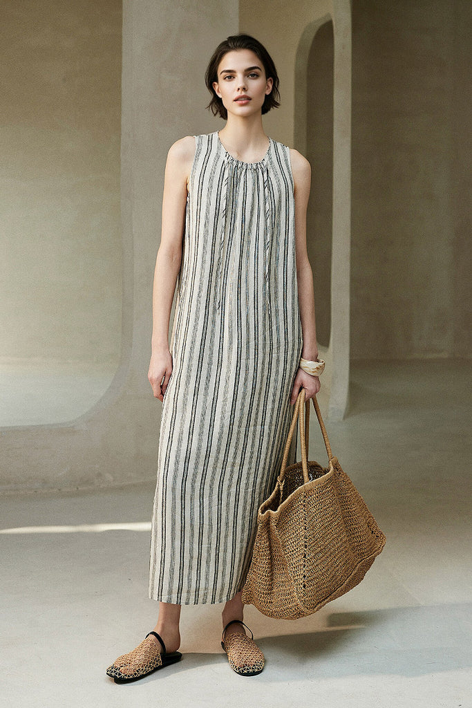 100 French Linen Striped Sleeveless Maxi Dress - Fibflx