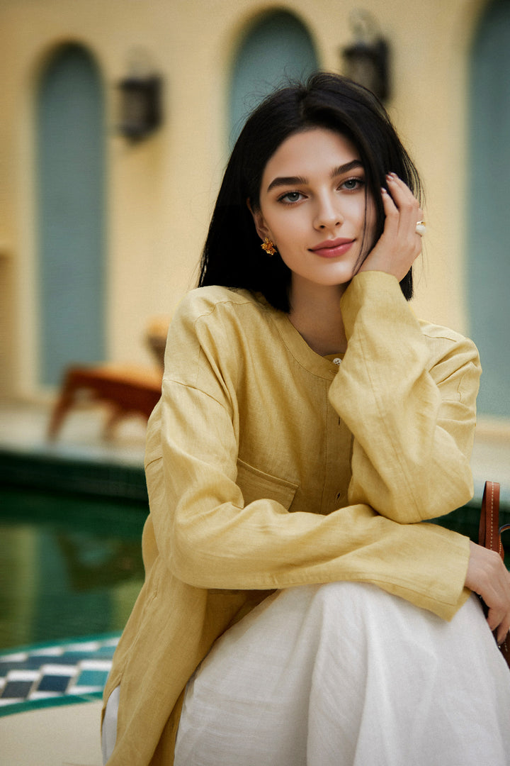 100% Linen Button Down Long Sleeve Shirt  Fibflx
