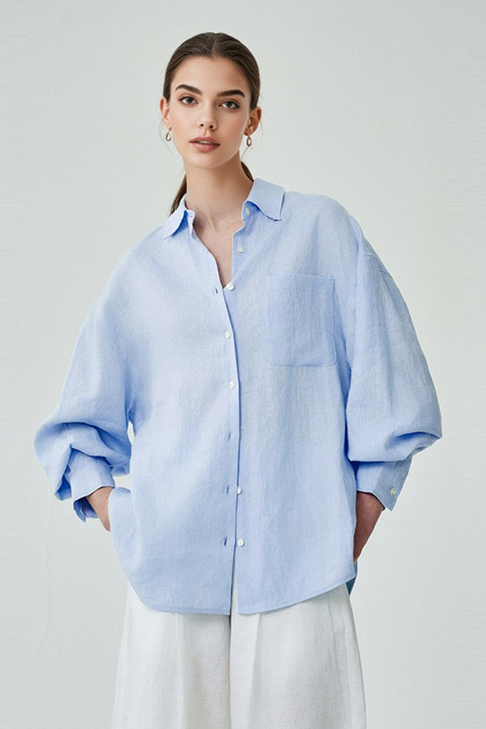 100 Linen Casual Loose Drop-Shoulder Shirt L / Sonata Blue / 100% Linen Fibflx